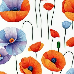 Poppy Flowers Flora in Sky Blue and Red Botanical Watercolor Nature Print