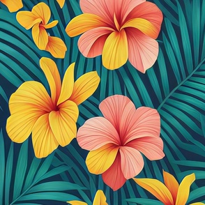 Tropical Flora Exotic Yellow Pink Blue Hawaiin Premium Botanical Watercolor Flowers Fabric Bedding Print