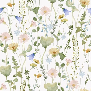 18" a colorful pink and blue bellflowers summer wildflower meadow  - nostalgic bellflowers Wildflowers, blue Butterflies and Herbs home decor on white double layer,   Baby Girl and nursery fabric perfect for kidsroom wallpaper, kids room, kids decor