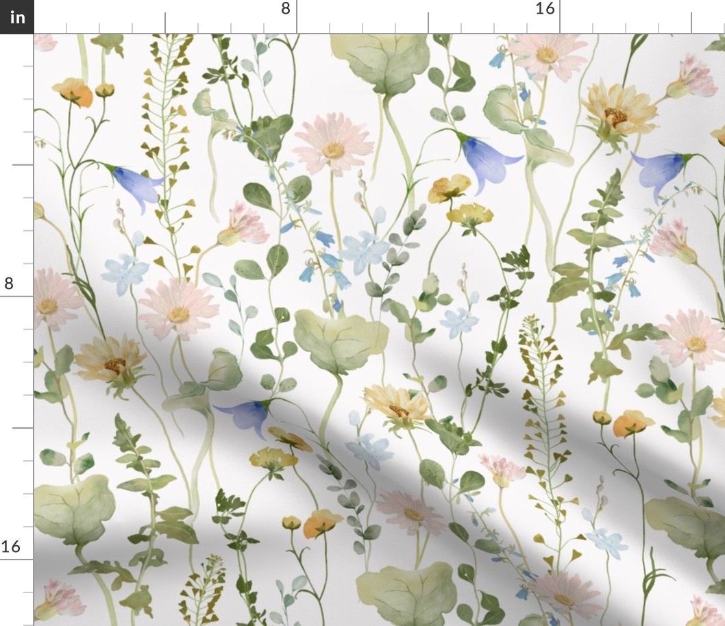 18" a colorful pink and blue bellflowers summer wildflower meadow  - nostalgic bellflowers Wildflowers, blue Butterflies and Herbs home decor on white double layer,   Baby Girl and nursery fabric perfect for kidsroom wallpaper, kids room, kids decor