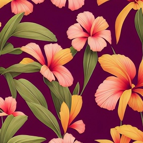 Tropical Flora Exotic Yellow and Pink Hawaiin Premium Botanical Watercolor Flowers Fabric Bedding Print