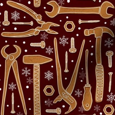 Gingerbread for daddy, Gingerbread tools for men, daddy Christmas fabric deep red WB22