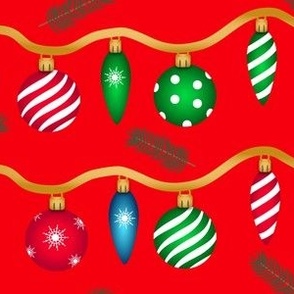 Hanging Christmas Ball Ornaments on Red Background