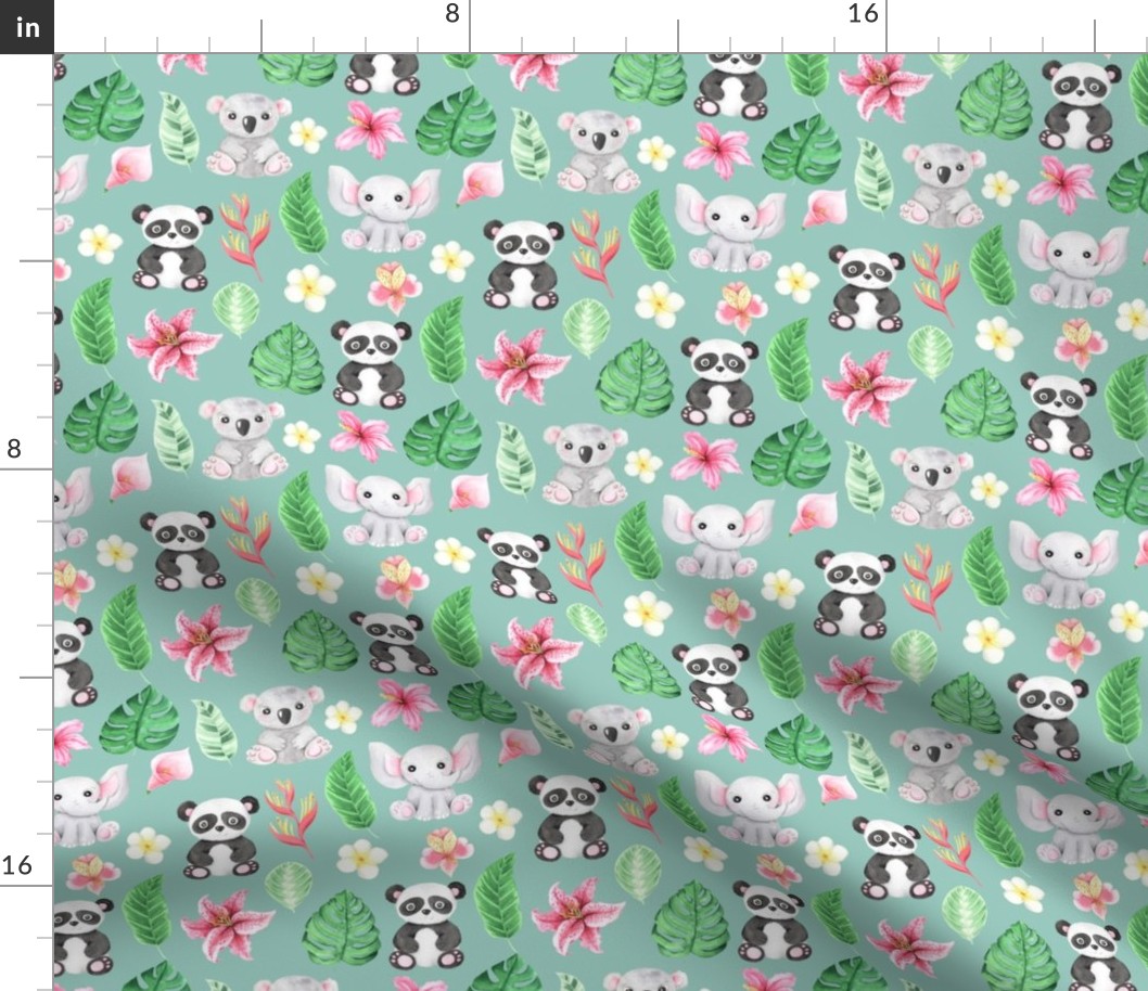 Tropical animals and flowers Motif 3 green (Shadow Green)