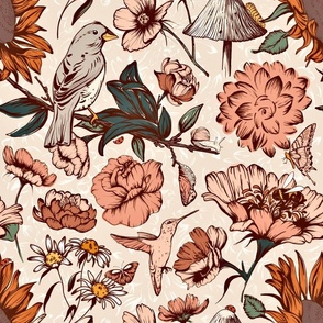 Arise  terracotta birds blooms  on cream