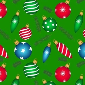 Christmas Ball Ornaments Scattered on Green Background