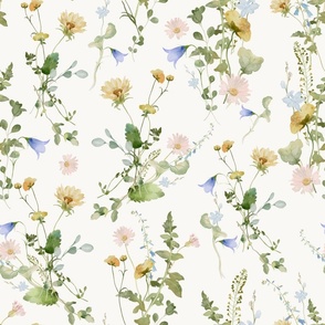 18" a colorful pink and blue bellflowers summer wildflower meadow  - nostalgic bellflowers Wildflowers, blue Butterflies and Herbs bouquets home decor on white double layer,   Baby Girl and nursery fabric perfect for kidsroom wallpaper, kids room, kids de