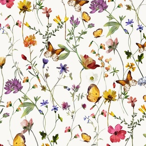 21" a colorful pink summer wildflower meadow  - nostalgic Wildflowers, Yellow Butterflies and Herbs home decor on white double layer,   Baby Girl and nursery fabric perfect for kidsroom wallpaper, kids room, kids decor