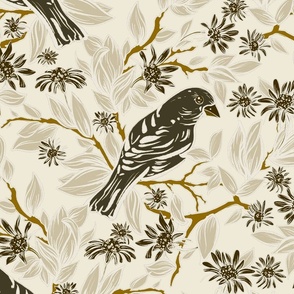 bird on flowering Bough  cream white black |  bird tree branch | flowers  renee davis