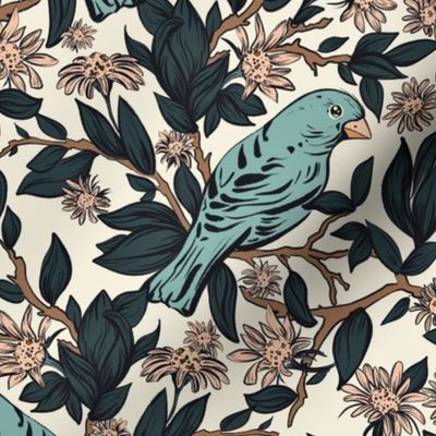 Bird on Flowering Bough | bird on tree branch | blue pink | Renee Davis