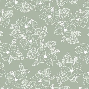 Wild garden hibiscus summer - tropical boho blossom hawaii island vibes white on sage olive green