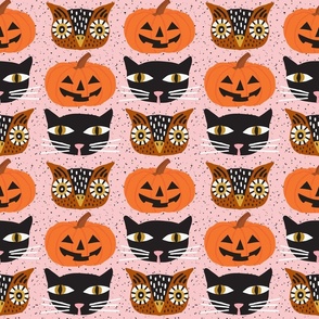 Gangs All Here - Vintage Inspired Cats, Owls, & Pumpkins on a Pink Background