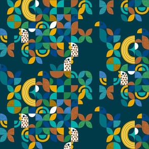 Geometry in Nature- Find the Avians- Teals and Blues- Verdigris Teal Golden Yellow Blue Warm Cinnamon Clover Green Japanese Indigo - Regular Scale