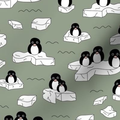 Winter penguins on melting pieces of ice winter ocean ice cap animals Christmas design olive green