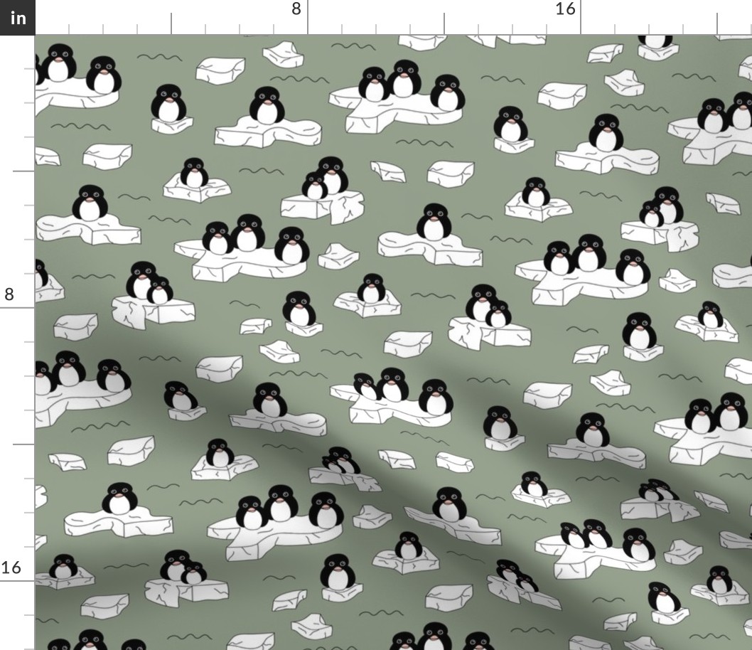 Winter penguins on melting pieces of ice winter ocean ice cap animals Christmas design olive green