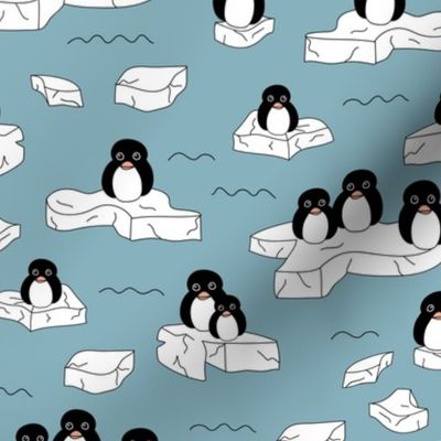 Winter penguins on melting pieces of ice winter ocean ice cap animals Christmas design blue