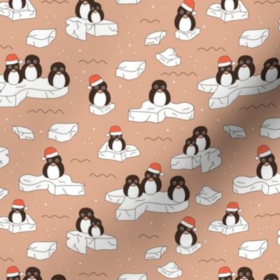 Santa christmas penguins on melting pieces of ice winter ocean ice cap animals design blush nude vintage palette