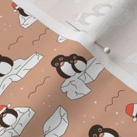 Santa christmas penguins on melting pieces of ice winter ocean ice cap animals design blush nude vintage palette