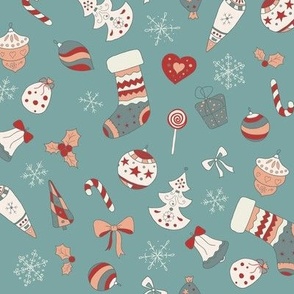 Cute doodle Christmas hand drawn pattern  in retro turquoise color
