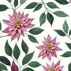 Lively Joyous colorful Flowers Dalhias Watercolor Design in purple and green