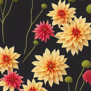 Lively Joyous colorful Flowers Dalhias Watercolor Design Premium Largescale Pattern
