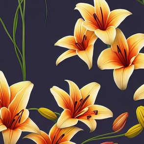 Botanical Floral print with elegant colors and large designs flowers on a dark grey background