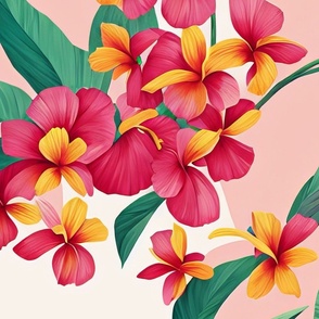 Tropical Flora Exotic Pink Flowers Premium Botanical Watercolor Flowers Fabric Bedding Print