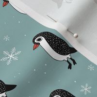Scandinavian winter penguins - snowflakes and penguin friends christmas theme on rust vintage blue ice