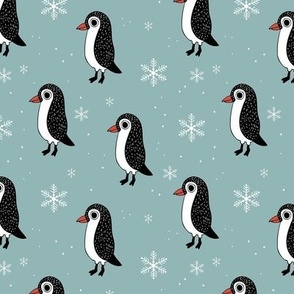 Scandinavian winter penguins - snowflakes and penguin friends christmas theme on rust vintage blue ice