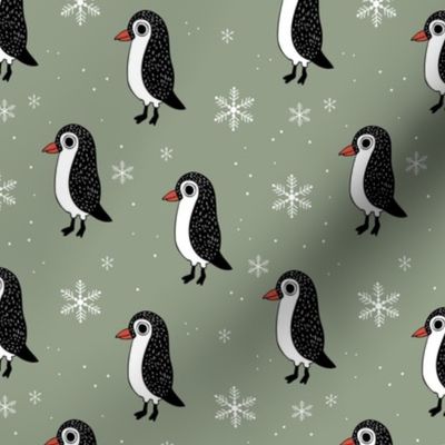 Scandinavian winter penguins - snowflakes and penguin friends christmas theme on olive green