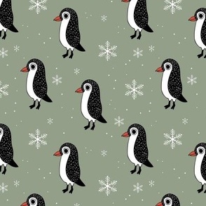 Scandinavian winter penguins - snowflakes and penguin friends christmas theme on olive green