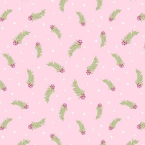 Christmas Evergreen Sprig with Berries and Falling Snow on a Pink Background