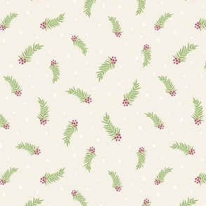 Christmas Evergreen Sprig with Berries and Falling Snow on a Cream Ecru Background