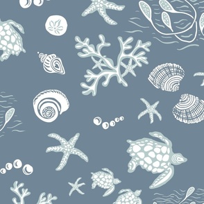 (Large) Turtles, shells and starfish underwater - white and sea glass on storm blue