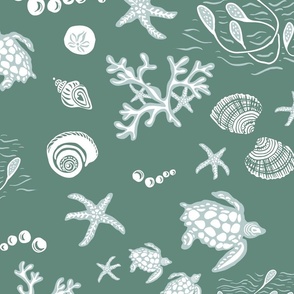 Turtles, shells and starfish underwater - white and sea glass on green - large