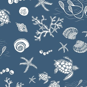 Turtles, shells and starfish - Large - Blue and white