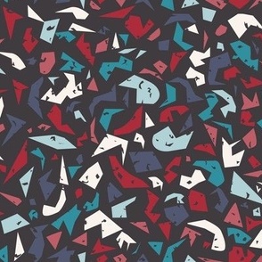 589 - Small scale  Terrazzo abstract geo style in red, teal, cream and steel grey - non directional all over pattern for adult apparel, kids apparel, abstract home decor and wallpaper. AFP22-03-ai