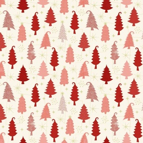 Retro Halftone 1950s Christmas Trees Red and Pink