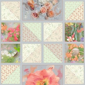 10x21-Inch Half-Drop Repeat of Faux Quilt of Meadow Flowers