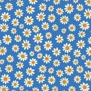 Joyful White Daisies - Ditsy Scale - Cyan Blue Retro Vintage Flowers Floral 70s 1970s 60s 1960s