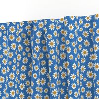 Joyful White Daisies - Small Scale - Cyan Blue Retro Vintage Flowers Floral 70s 1970s 60s 1960s