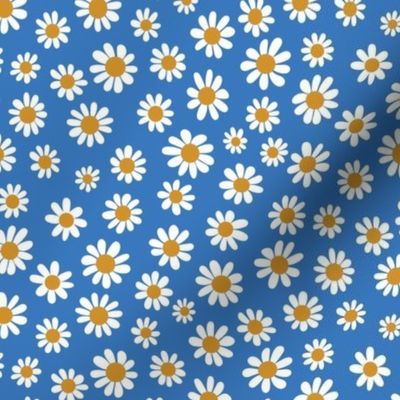 Joyful White Daisies - Small Scale - Cyan Blue Retro Vintage Flowers Floral 70s 1970s 60s 1960s