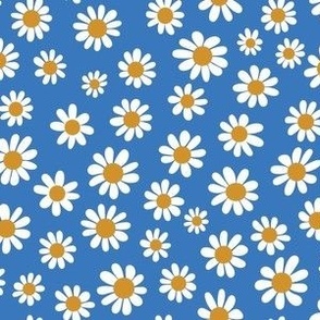 Joyful White Daisies - Small Scale - Cyan Blue Retro Vintage Flowers Floral 70s 1970s 60s 1960s