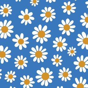 Joyful White Daisies - Large Scale - Cyan Blue Retro Vintage Flowers Floral 70s 1970s 60s 1960s