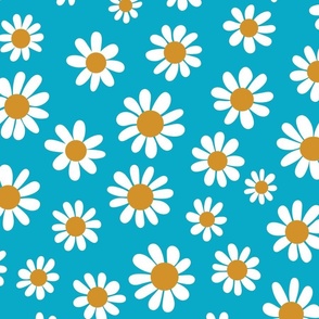 Joyful White Daisies - Large Scale - Turquoise Retro Vintage Flowers Floral 60s