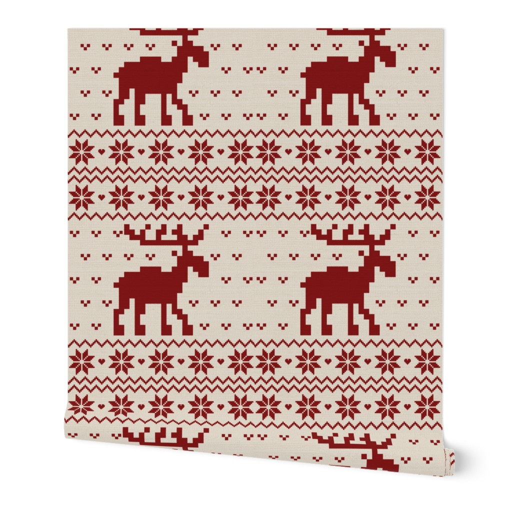 Ugly Christmas Sweater Pattern, Xmas Deer Fabric, X-mas Moose Nostalgy, vintage christmas winter beige red Fabric