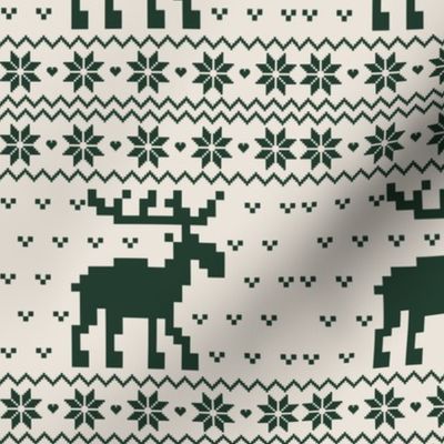 Ugly vintage christmas Sweater Pattern, Xmas Deer Fabric, X-mas Moose Nostalgy, winter beige dark green Fabric