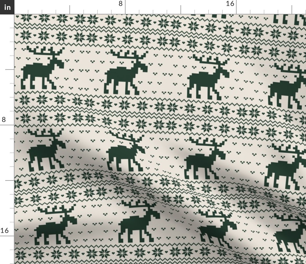 Ugly vintage christmas Sweater Pattern, Xmas Deer Fabric, X-mas Moose Nostalgy, winter beige dark green Fabric
