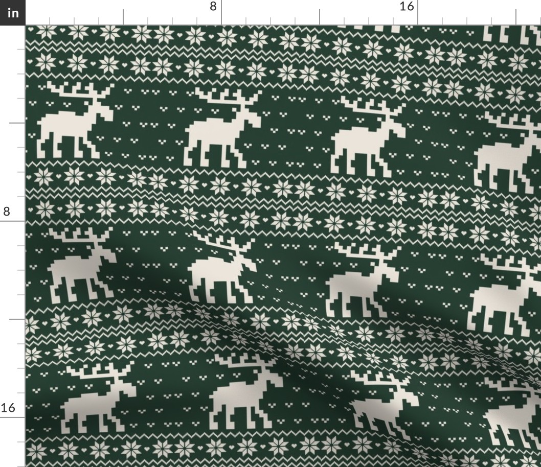 Ugly vintage christmas Sweater Pattern, Xmas Deer Fabric, X-mas Moose Nostalgy, winter dark green Fabric