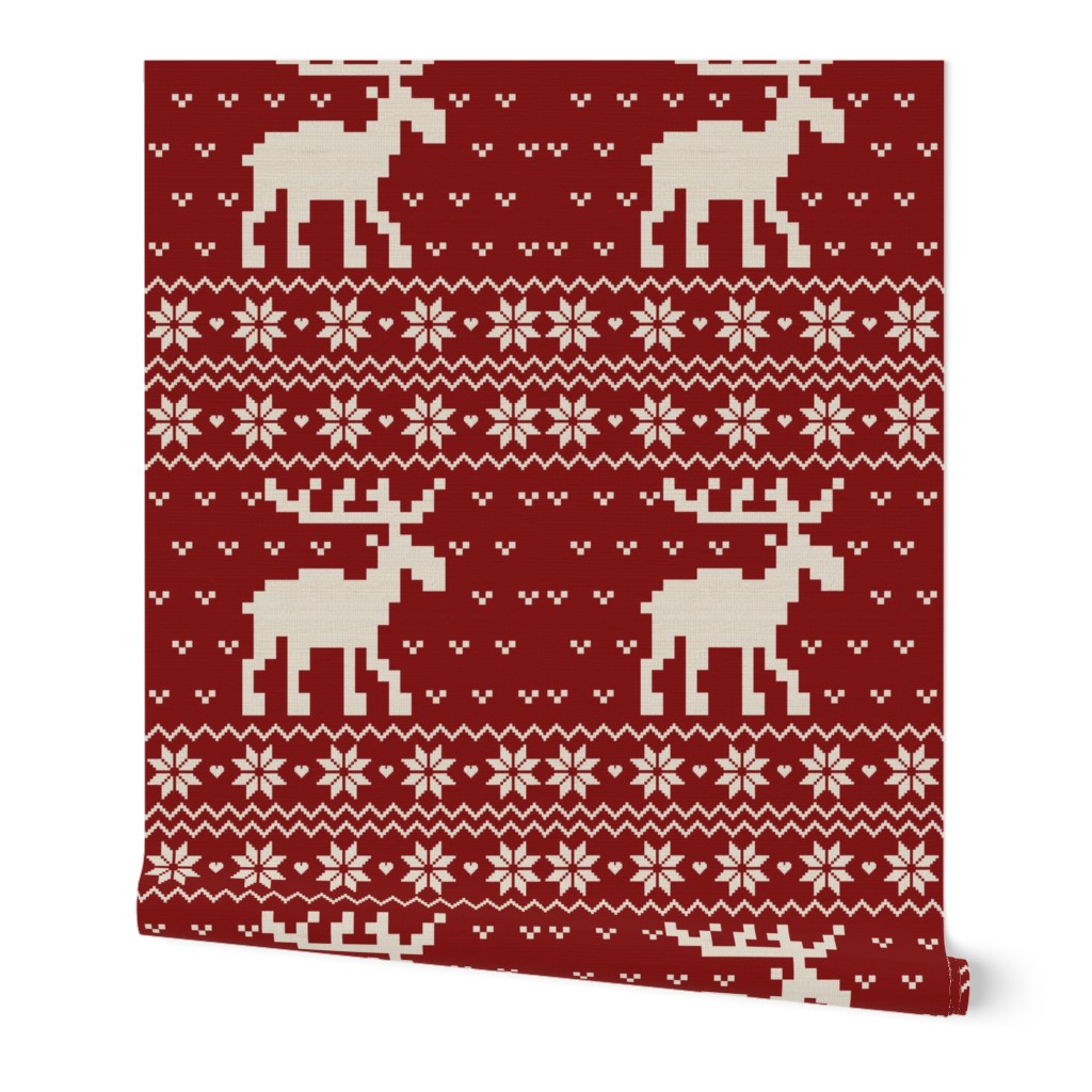 Ugly cozy Christmas Sweater Pattern, Xmas Deer Fabric, X-mas Moose Nostalgy, winter red beige Fabric